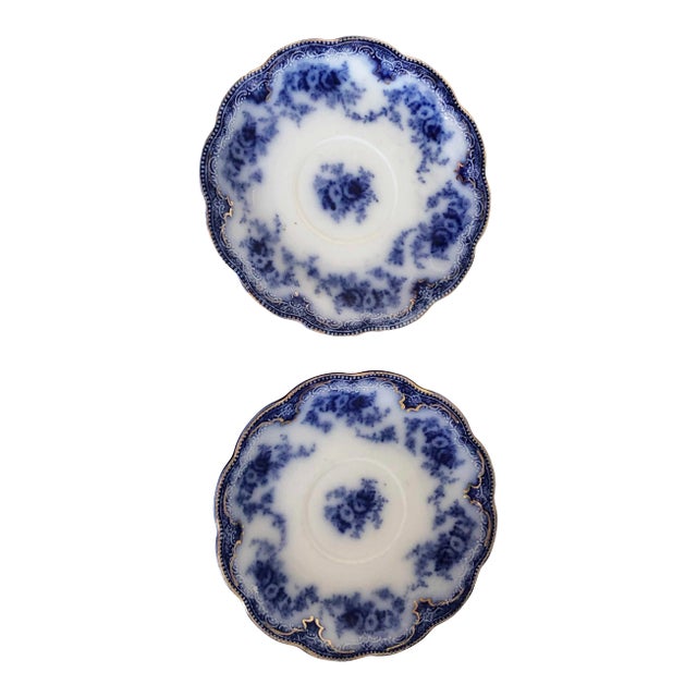 Grindley Flow Blue With Gilt Florida Pattern Small Plates - a Pair For Sale