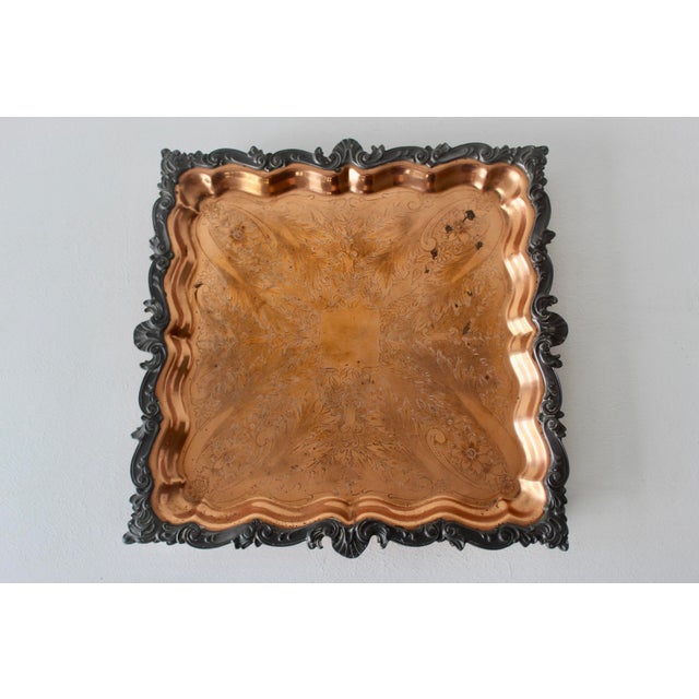 Vintage Ornate English Copper Pewter Square Engraved Platter Footed For Sale - Image 16 of 16