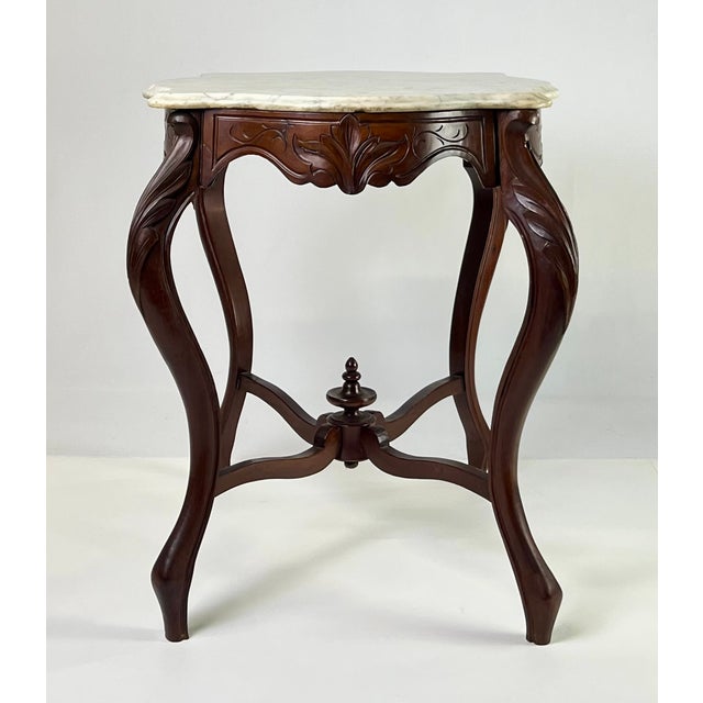 Late 19th Century Victorian Rococo Revival Carved Walnut & Marble Top Parlor Table For Sale - Image 4 of 15
