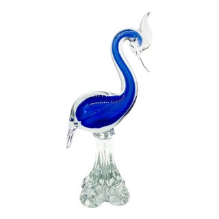 Large Vintage Cobalt Blue Murano-Style Art Glass Crested Bird Sculpture – Hollywood Regency / Coastal For Sale