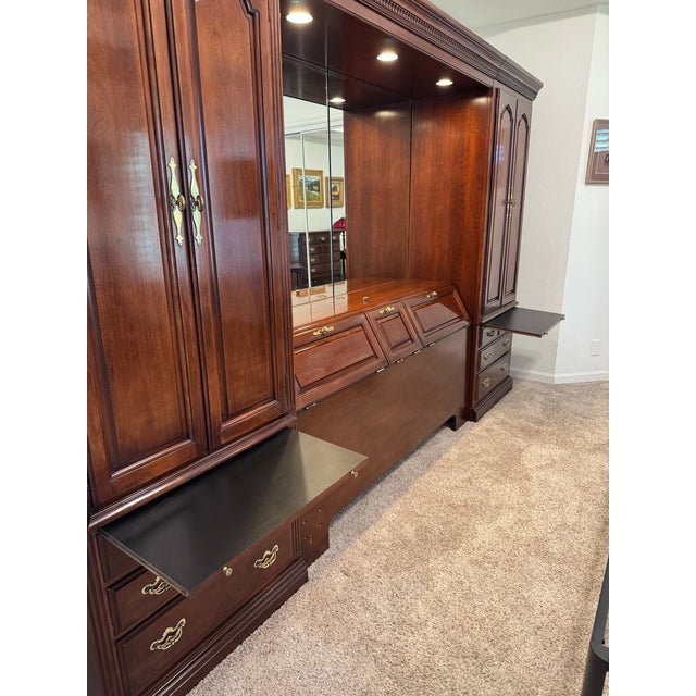 Vintage Thomasville Illuminated Cherry Queen Bed Unit- Headboard, Bridge, Nightstand Armoires, & Mirror For Sale - Image 15 of 18
