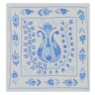 Silk Embroidered Suzani Lace Pillow, Uzbek Sham in Light Blue & Ivory. 17"x18" For Sale