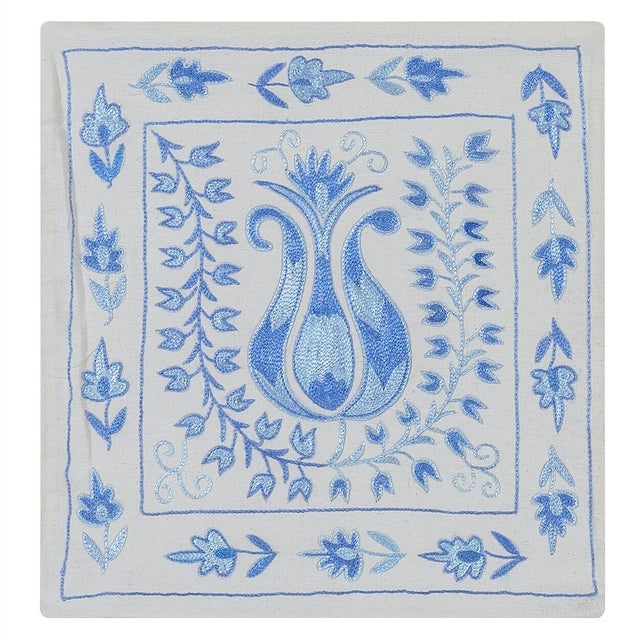 Silk Embroidered Suzani Lace Pillow, Uzbek Sham in Light Blue & Ivory. 17"x18" For Sale