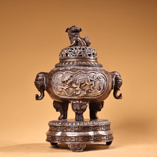 Chinese Chinese Bronze Tripod Censer With Mythical Beast Lid, Temple Size For Sale - Image 3 of 9