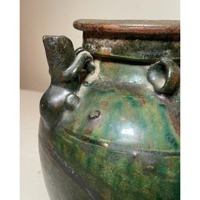 Antique Handmade Chinese 18th Century Pottery Terracotta Green Glaze Wine Jug For Sale - Image 4 of 12