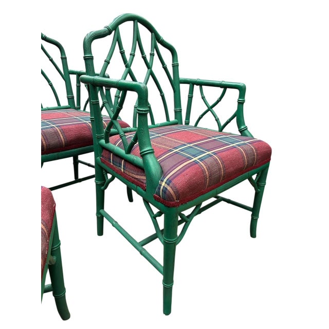 Set of 4 Chinese Chippendale Style Green Painted Faux Bamboo Arm Chairs, 20th Century For Sale In Washington DC - Image 6 of 6