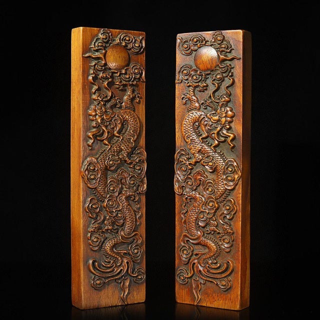 1990s Carved Rosewood Double Dragon & Flaming Pearl Paperweights / Decorative Panels - A Pair For Sale - Image 5 of 9