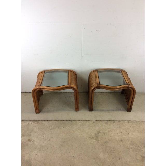 Boho Chic Pair of Vintage Rattan End Tables With Glass Top For Sale - Image 3 of 12