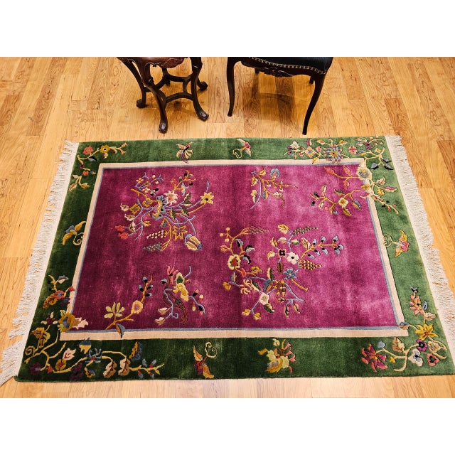 Vintage Chinese Art Deco Area Rug, Handwoven Wool Pile, Floral Design, 4' x 6' For Sale - Image 9 of 18
