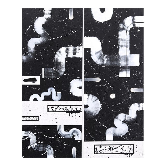 U Lights (Diptych) - Black and White Abstract Geometric Textured Original Artwork by Tasha Jentel For Sale