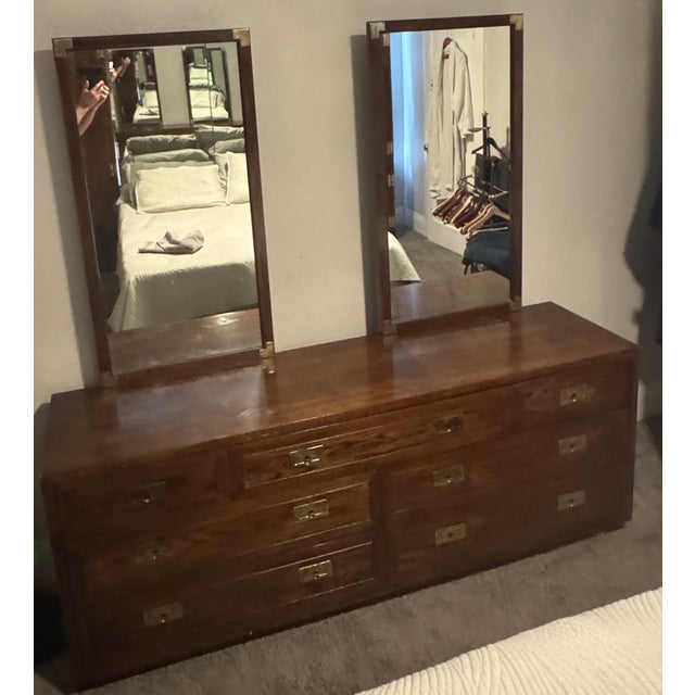Campaign 1960s Henredon Campaign Style Bedroom Dresser W/Mirrors For Sale - Image 3 of 16