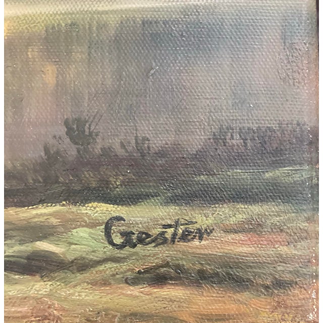 French Country Mid 20th Century M. Gester Signed River Landscape Oil Painting, Framed 12x36 For Sale - Image 3 of 3