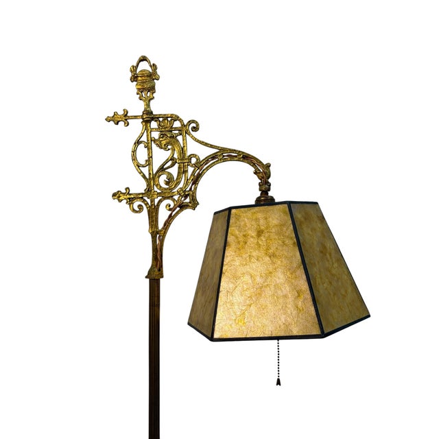Brass 1910s Floor Lamp With Cast Brass Top and Golden Mica Shade For Sale - Image 8 of 8