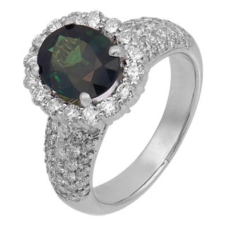 Vintage 1.88 Carat Green Sapphire Diamond 18k White Gold Pave Ring, Size 5.5 For Sale