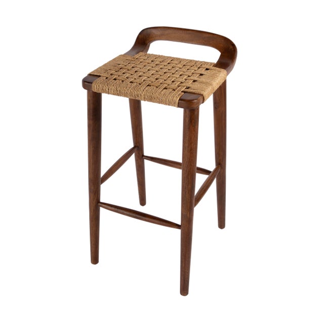 Luna 30 in. Seat Height Wood and Jute Woven Low Back Bar Stool, Brown For Sale - Image 9 of 9