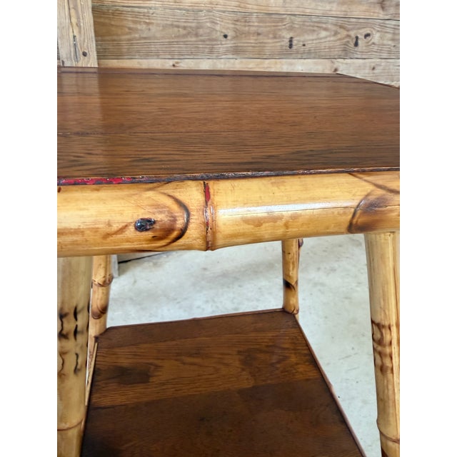 Antique Scorched Bamboo Two-Tier Side Table With Wood Shelves For Sale - Image 9 of 12