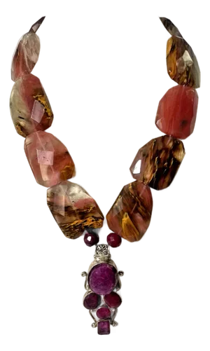 Late 20th Century River Ruby, Silver, and Jasper Beaded Statement Necklace