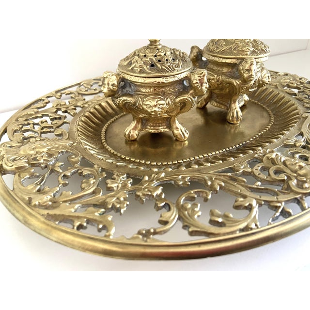 Metal Louis XV Style Napoleon III Double Inkwell on a Chiseled Gilt Bronze Tray For Sale - Image 7 of 11