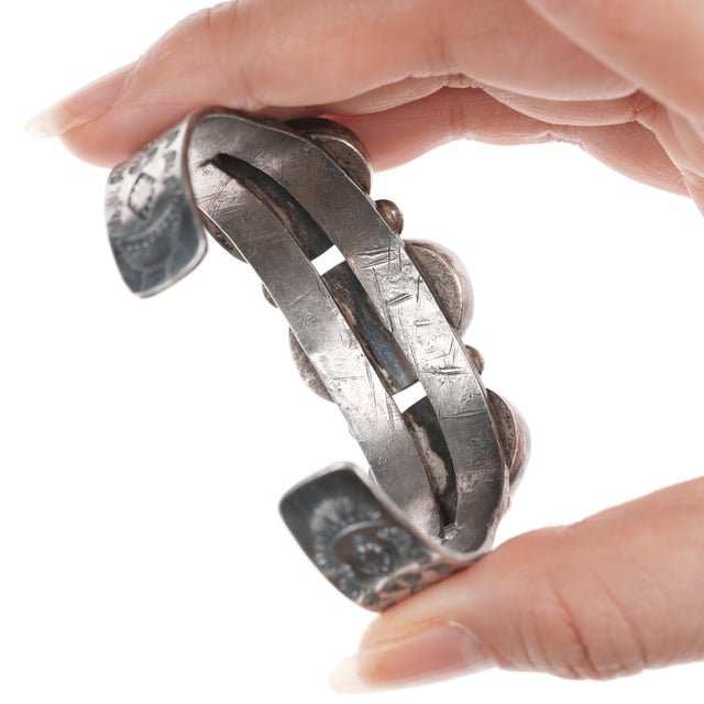 Metal 6.25" 30's-40's Navajo stamped silver cuff bracelet with turquoise For Sale - Image 7 of 11