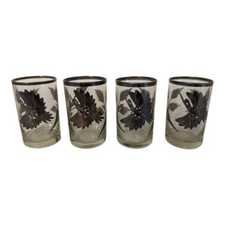 1930s Silver Inlaid Engraved Shot Glasses - Set of Four For Sale