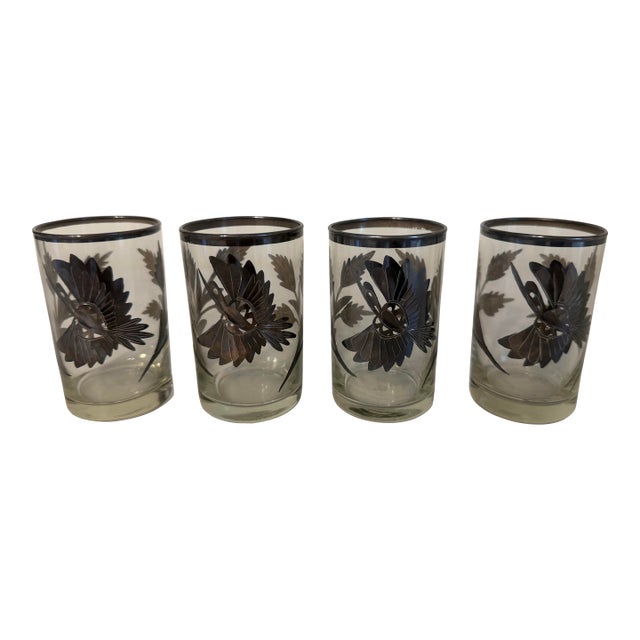 1930s Silver Inlaid Engraved Shot Glasses - Set of Four For Sale