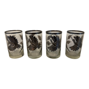 1930s Silver Inlaid Engraved Shot Glasses - Set of Four