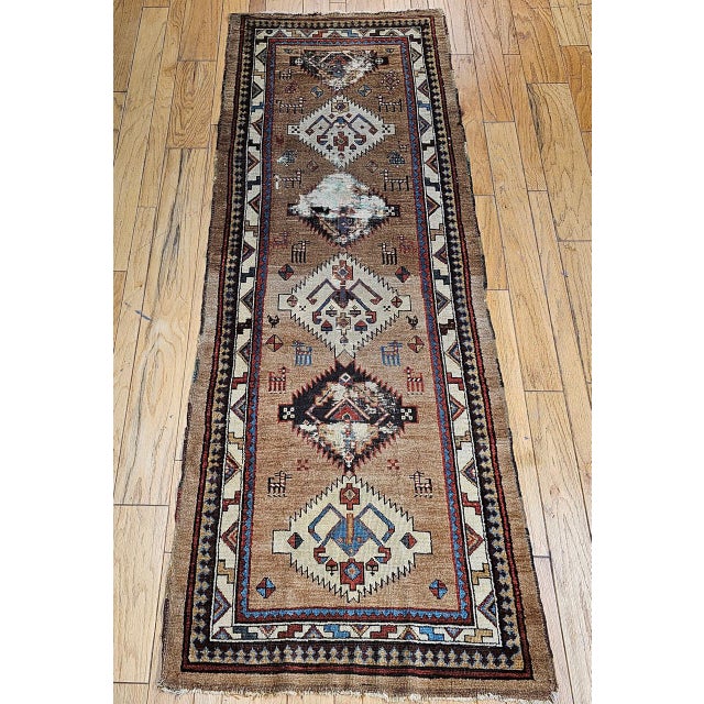 Antique 19th C. Persian Kurdish Runner Rug, Hand-Knotted Wool, Geometric Pattern, 4x10, Camelhair & Ivory For Sale - Image 12 of 18