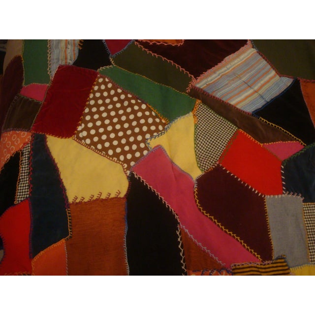 Pink Embroidered Velvet Crazy Quilt Folk Art Textile Blanket For Sale - Image 8 of 13