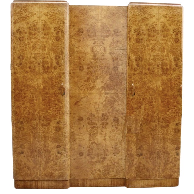 English Art Deco Blonde Walnut Triple Breakfront Wardrobe, 1930 For Sale