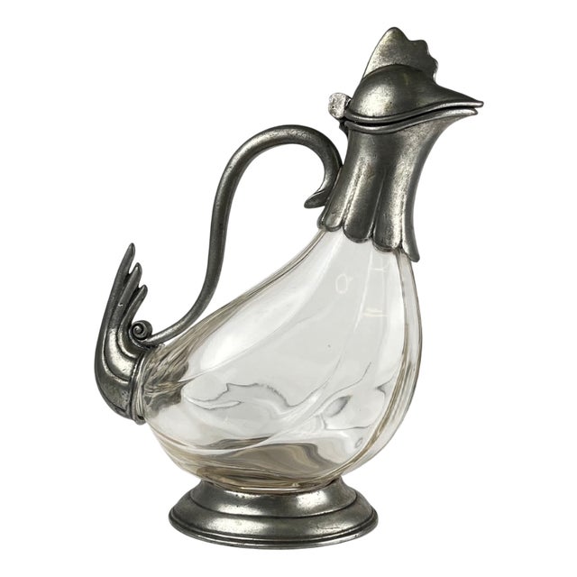 Zoomorphic Rooster Ewer in Glass and Pewter, 1930s For Sale