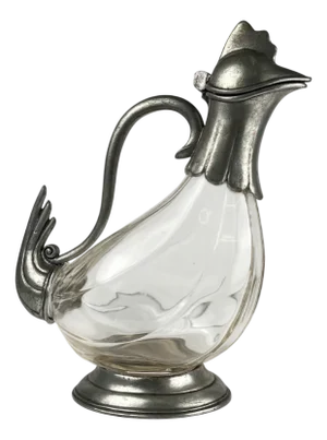 Zoomorphic Rooster Ewer in Glass and Pewter, 1930s