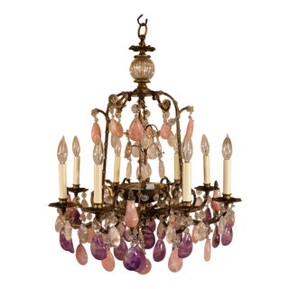 Circa 1880 French Patinated Brass and Rock Crystal With Amethyst and Rose Quartz Chandelier For Sale