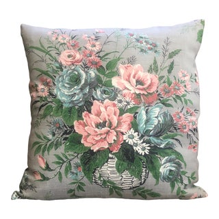 Vintage Shabby Chic Barkcloth Floral Basket Pillow For Sale