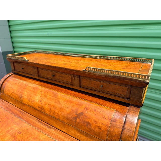 Wood 1970s French Louis XV Style Burl Wood Cylinder Roll Top Writing Desk With Brass Gallery and Ormolu Mounts For Sale - Image 7 of 12