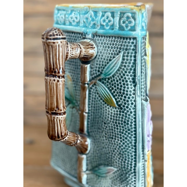 Traditional Victorian Majolica Aesthetic Movement Pitcher — Birds, Fans & Bamboo Handle c.1880 For Sale - Image 3 of 12
