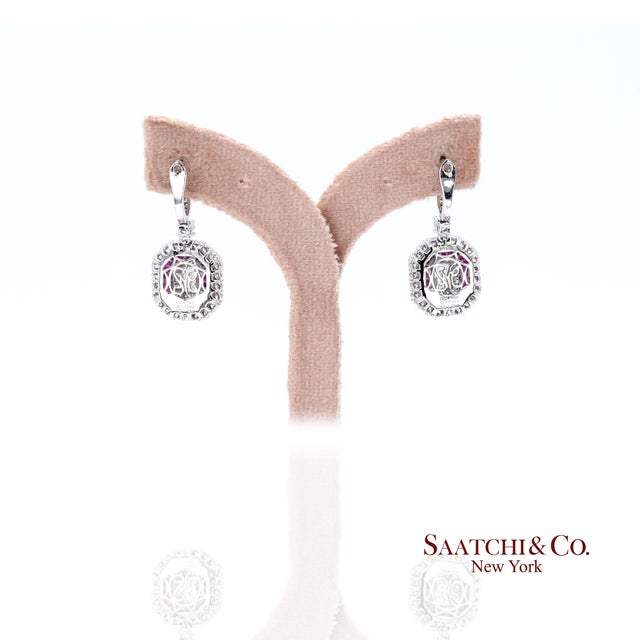 Metal Platinum 950 Dangling Natural Ruby and Diamond Earring- Set of 2 For Sale - Image 7 of 9