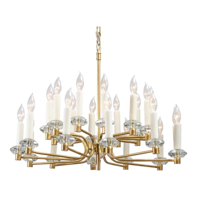 1950s 24-Light Crystal & Brushed Brass Chandelier in Manner of Sciolari For Sale