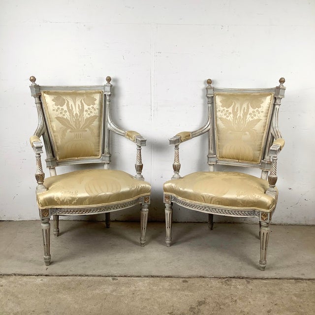 French Pair of Louis XVI Style Neoclassical Armchairs For Sale - Image 3 of 12