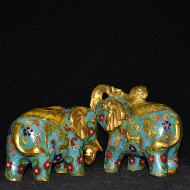Vintage Pair of Chinese Cloisonne Enamel Elephants - Gilt Bronze Figures For Sale - Image 9 of 9