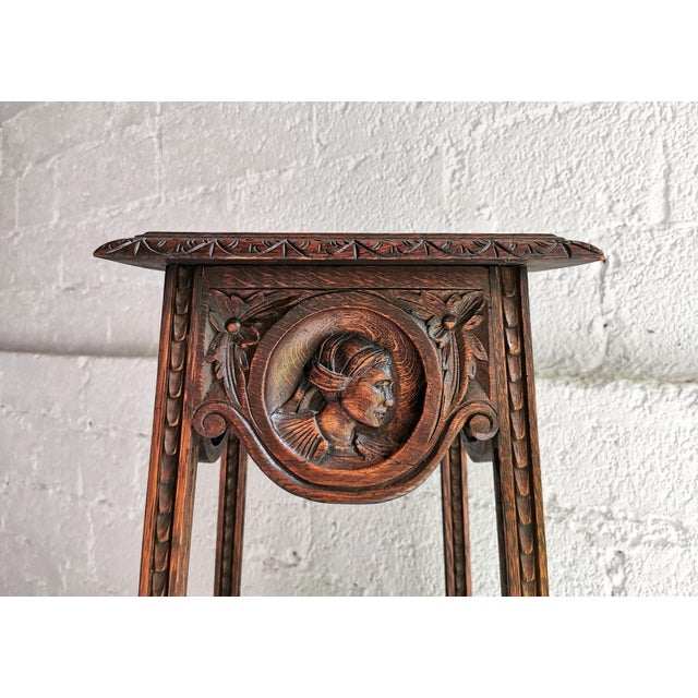Antique Plant Stand with Carved Portraits in Oak, 1890s For Sale - Image 4 of 14
