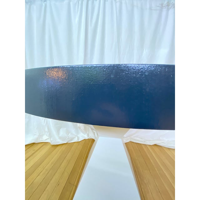 Modern Oval Dining Table Navy Blue White Pedestal Custom Lacquered Linen For Sale - Image 4 of 6