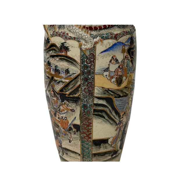 Vintage Asian Satusma Ceramic Handpainted Samurai Relief Dragon Motif Vase For Sale - Image 11 of 18