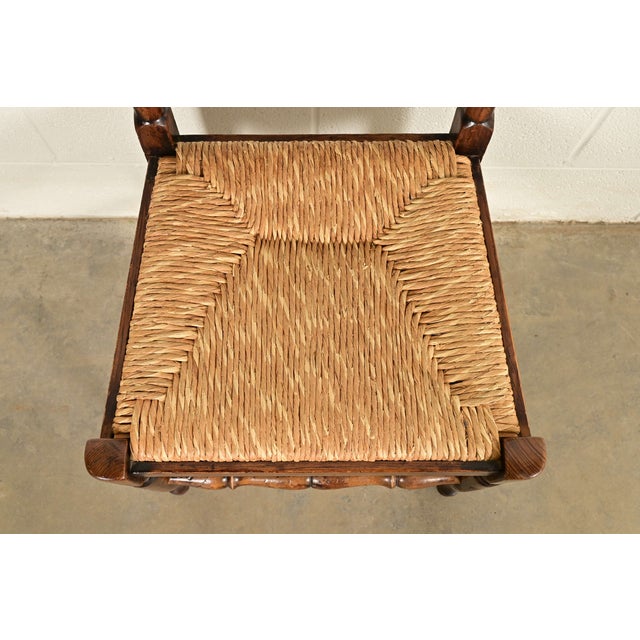 Wood Baker Furniture Style English Country Rustic Carved Solid Oak Ladder Back Dining Chairs With Rush Seats, Pair For Sale - Image 7 of 13