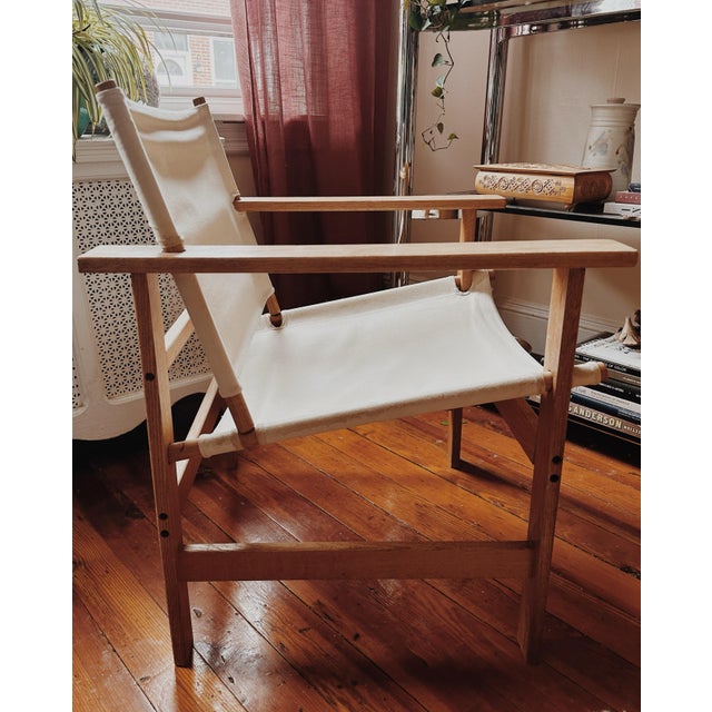 Sling lounge chair in the style of Hyllinge Mobler, 1970s. Constructed of pieces of beech wood slotted together with...
