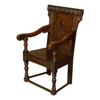 English George III Period Early 18th Century Oak Armchair with Carved Back For Sale
