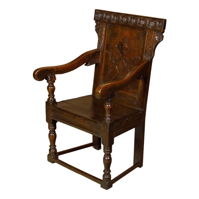 English George III Period Early 18th Century Oak Armchair with Carved Back For Sale