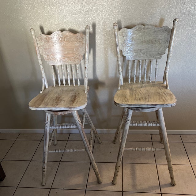 1980s 1980s Rustic Distressed Whitewash Farmhouse Swivel Barstools For Sale - Image 5 of 7