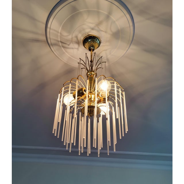 Vintage Brass Chandelier Milk Glass Rods Ceiling Light For Sale - Image 10 of 14