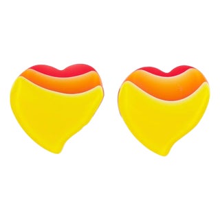 Pop Art Yellow and Orange Lucite Heart-Shaped Clip Earrings For Sale