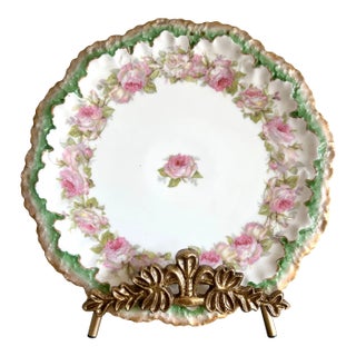 Antique A. Lanternier Limoges 12” Hand-Painted Pink Rose Plate With Green & Gold Scalloped Rim – France, Circa 1890s For Sale